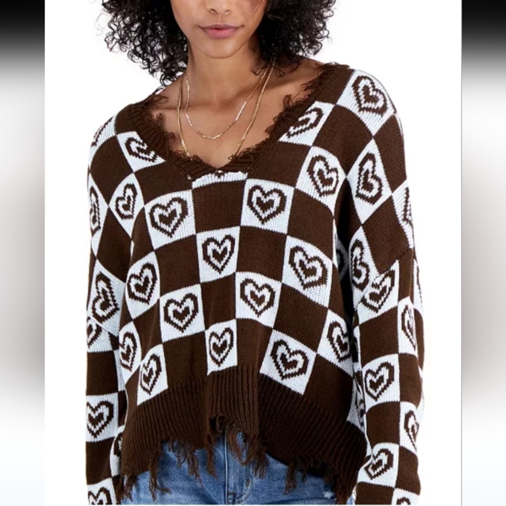 Just Polly Frayed Checkered Hearts Brown/ Cream Sweater Sz 3X New